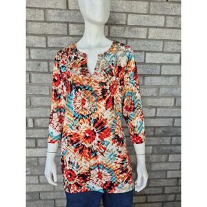 Peck and Peck Top Womens Large Colorful Abstract Floral Beaded Artsy Pullover